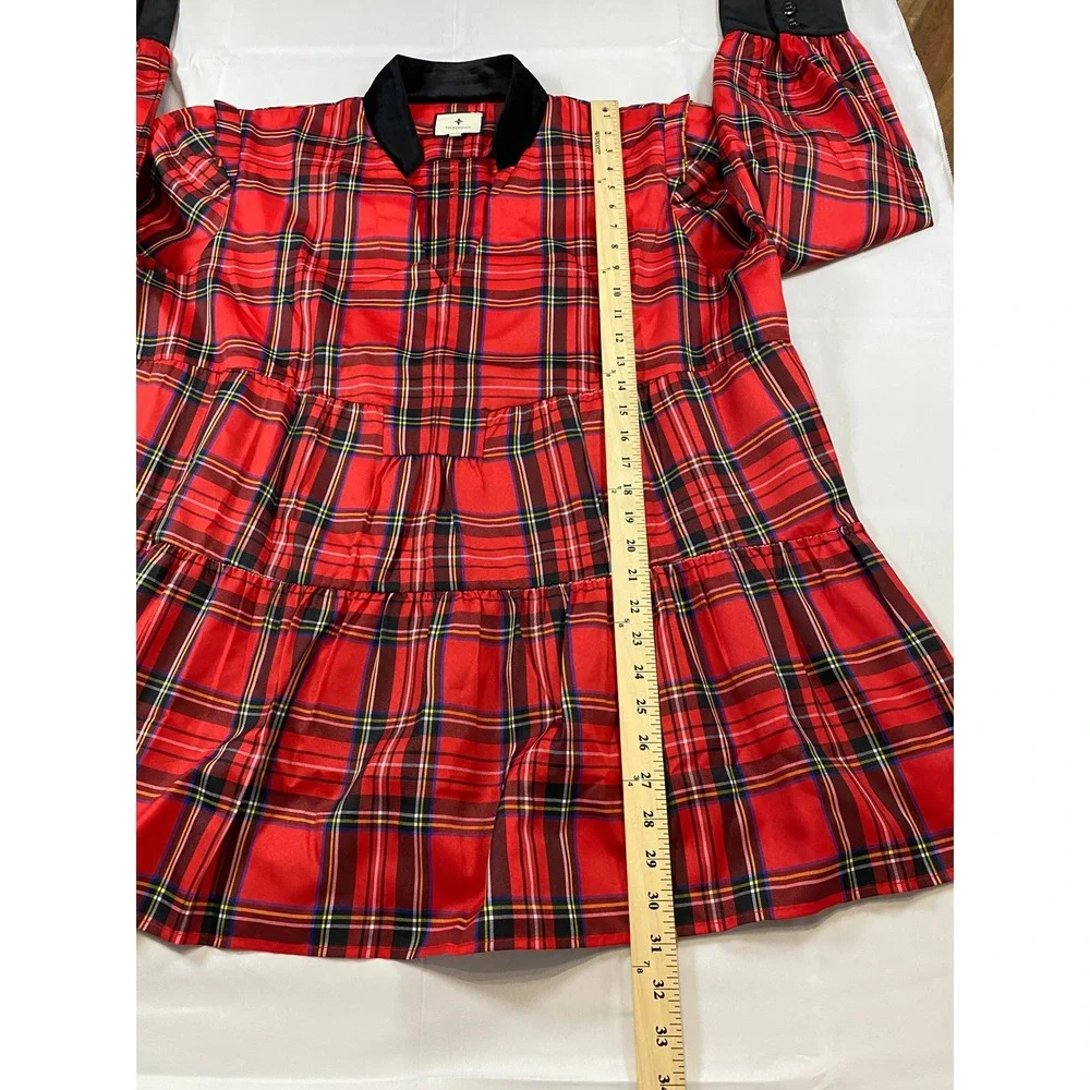 Tuckernuck Red Royal Stewart Tartan Plaid Velvet Trim Peplum Top XXXL Holiday